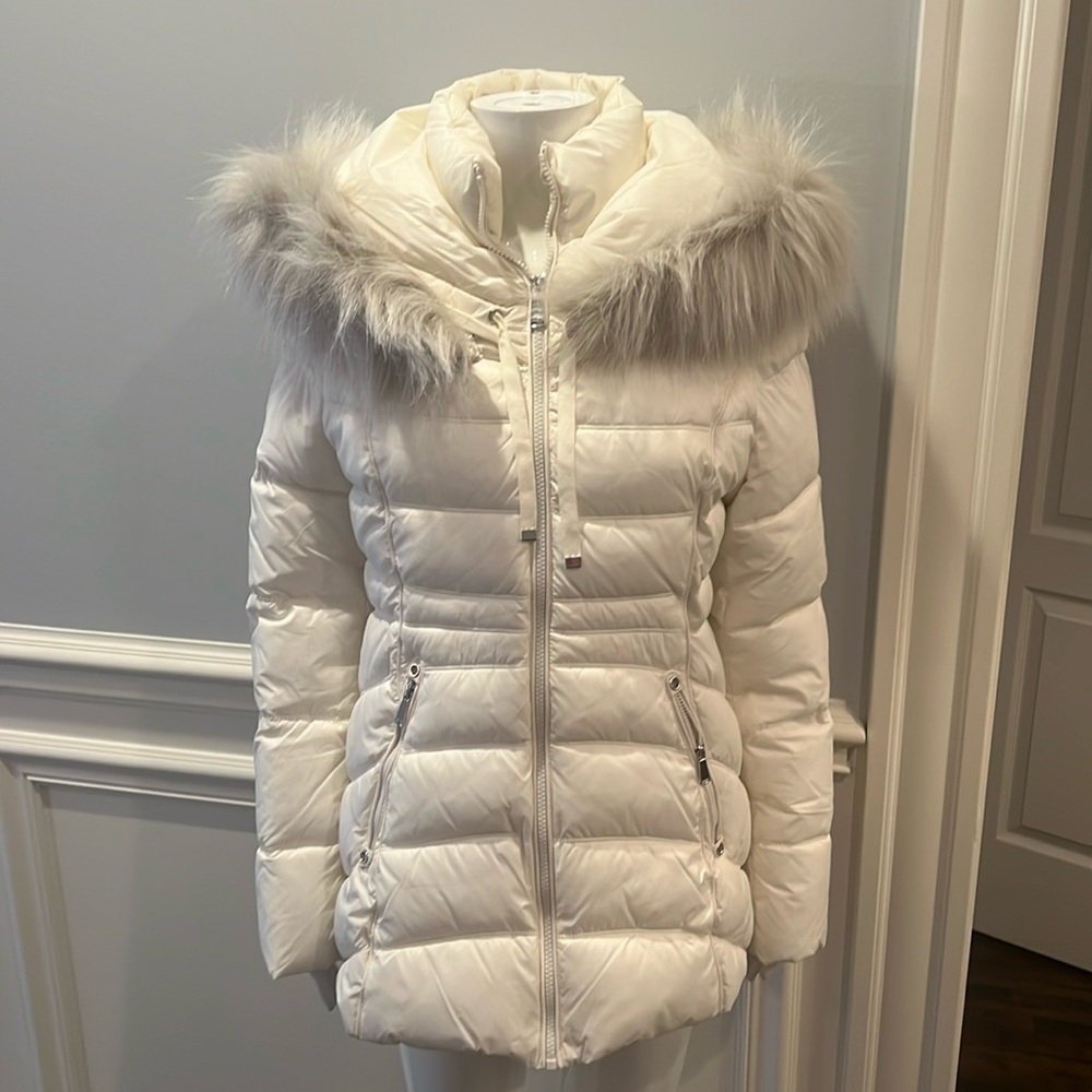 White Hooded Parka with Faux Fur Trim